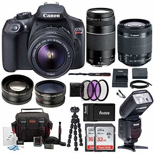 Canon EOS Rebel T6 Digital Camera :18 Megapixel 1080p HD Video DSLR Bundle with 18-55mm &75-300mm Lenses Wide Angle & Telephoto Lens 32GB &16GB SD Card Tripod Filter Kit & Flash