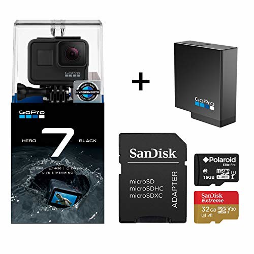 GoPro Hero 7 Black Action Camera + Extra USA Battery + Sandisk 32GB MicroSDHC U3 and Free Polaroid 16GB MicroSD Memory Card