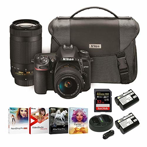 Nikon D7500 DSLR Camera with 18-55mm and 70-300 VR Lenses Kit with 32GB Pro Card and Battery Bundle