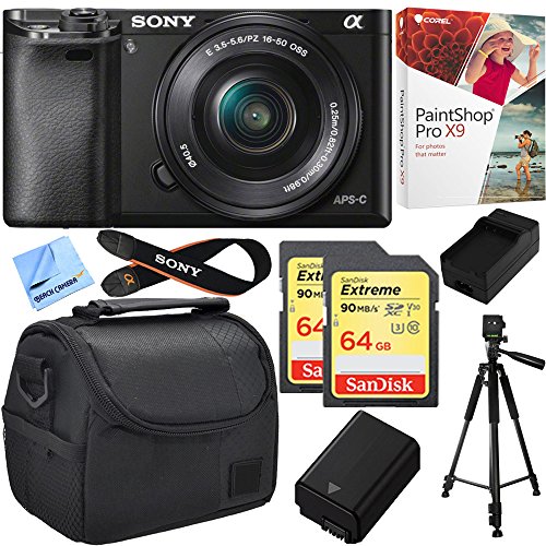 Sony Alpha a6000 24.3MP Mirrorless Camera w/ 16-50mm Bundle Deal Includes Alpha a6000, 16-50mm Zoom Lens, Paint Shop Pro X9, Bag, 64GB SDXC Card x 2, Battery, Charger, Tripod and Beach Camera Cloth
