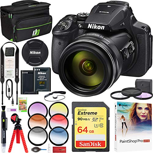 Nikon COOLPIX P900 16MP 83x Super Zoom Digital Camera Full HD Video Black Bundle with 64GB Memory Card, Rechargable Battery, Paintshop Pro 2018, Camera Bag, 67mm Filter Set and 6 Pcs Filter Set