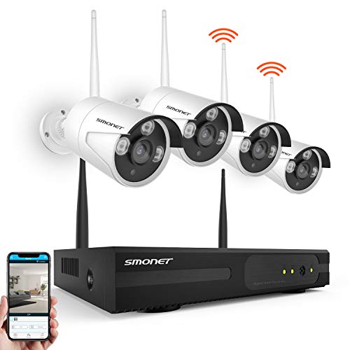 SMONET Wireless Security Camera System,4CH HD Video Security System,4pcs HD Bullet IP Cameras,Support Motion Detection Alarm & Remote View by iOS or Android App,Without Hard Drive