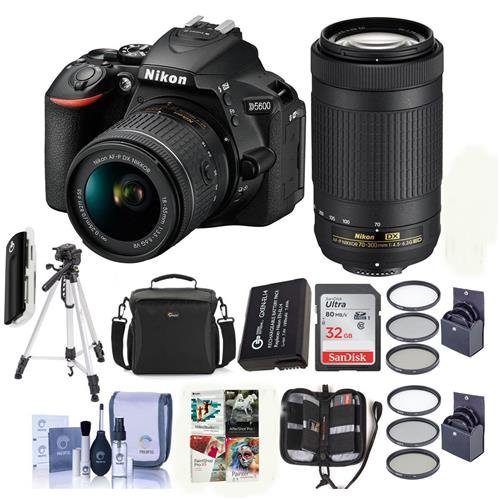 Nikon D5600 DSLR Camera Kit w/AFP DX 18-55mm f/3.5-5.6G VR and AFP DX 70-300/4.5-6.3G Lenses – Bundle with Camera Case, 32GB SDHC Card, Cleaning Kit, Spare Battery, Tripod, Software Package and More