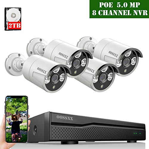 【2020 Update】 POE Security Camera System,OOSSXX 8CH 4K POE System,4pcs 5MP Outdoor Wired POE IP67 Waterproof Cameras,2TB Hard Drive pre-Install