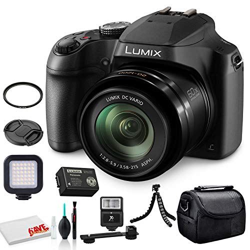Panasonic Lumix DC-FZ80 Digital Camera (DC-FZ80K) – Bundle – with LED Video Light + Digital Flash + Soft Bag + 12 Inch Flexible Tripod + Cleaning Set + 55mm UV Filter