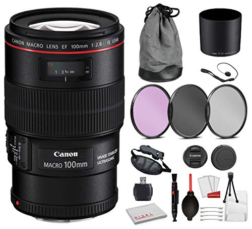 Canon EF 100mm f/2.8L Macro is USM Lens (3554B002) Bundle with Professional Bundle Package Deal Kit for Canon EOS Includes: 3PC Filter Kit, Pro Camera Hand Strap + More