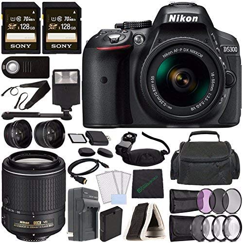Nikon D5300 DSLR Camera with 18-55mm Lens (Black) + Nikon AF-S DX NIKKOR 55-200mm f/4-5.6G ED VR II Lens + Battery + Charger + 128GB SDXC Card + Remote + Flash Bundle 10