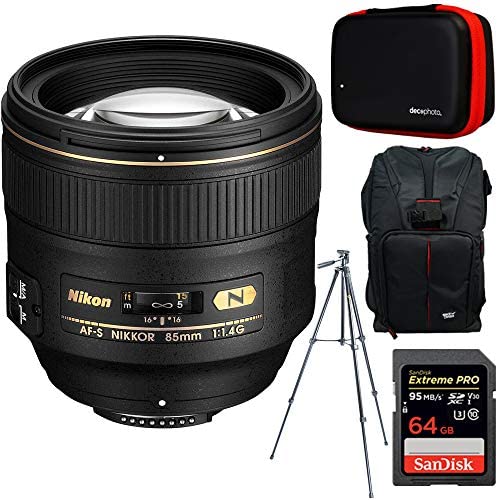 Nikon 85mm f/1.4G AF-S NIKKOR Lens FX-Format DSLR Cameras+ 64GB Accessories Bundle Includes Backpack for Cameras + All-in-One Cleaning Kit for DSLR Cameras + 60-Inch Video & Photography Tripod