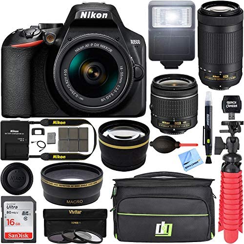 Nikon D3500 24.2MP DSLR Camera with AF-P 18-55mm VR Lens & 70-300mm Dual Zoom Lens Kit Bundle with Camera Bag, Wide Angle Lens, Telephoto Lens, Filter Sets, 32GB Memory Card and Accessories