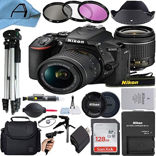Nikon D5600 DSLR Camera 24.2MP Sensor with NIKKOR 18-55mm f/3.5-5.6G VR Lens, SanDisk 128GB Memory Card, Case, Tripod, 3 Pack Filters and A-Cell Accessory Bundle (Black)