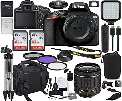 Nikon Intl. D3500 DSLR Camera with 18-55mm Lens Bundle (1590) + Prime Accessory Kit Including 128GB Memory, Light, Camera Case, Hand Grip and More (28 Pieces)