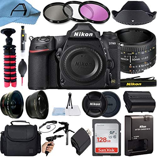 Nikon D780 DSLR Camera 24.5MP CMOS Sensor with AF FX NIKKOR 50mm f/1.8D Lens with Auto Focus, SanDisk 128GB Memory Card, Gadget Bag, Tripod and A-Cell Accessory Bundle (Black)