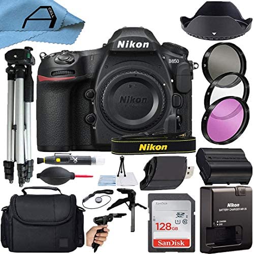 Nikon intl D850 DSLR Camera Body 45.7MP CMOS Sensor with SanDisk 128GB Memory Card, Case, Tripod, Filters and A-Cell Accessory Bundle (Black)