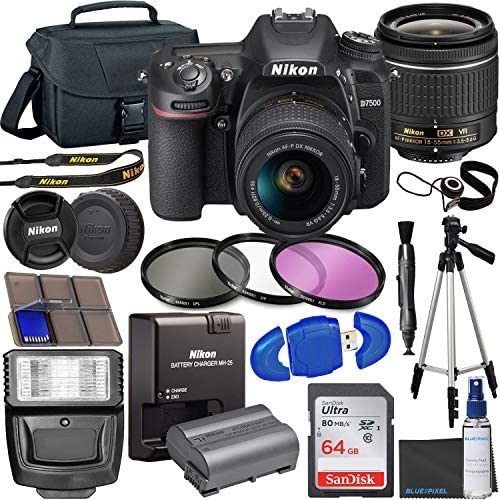 Nikon D7500 DSLR Camera with 18-55mm VR Lens + 64GB Card, Tripod, Flash, 3 Piece Filter Kit, Case, and More