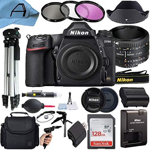 Nikon D780 DSLR Camera 24.5MP CMOS Sensor with AF FX NIKKOR 50mm f/1.8D Lens with Auto Focus, SanDisk 128GB Memory Card, Case, Tripod, Filters and A-Cell Accessory Bundle (Black)