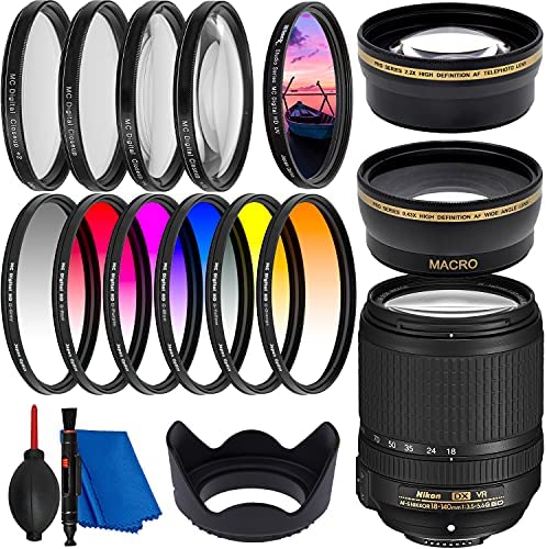 Nikon Intl AF-S DX NIKKOR 18-140mm f3.5-5.6G ED VR Lens Filter Bundle - Includes: Professional Telephoto Lens Attachment + 0.43X Wide Angle Lens Attachment + 6PC Gradual Color Filter Set + More