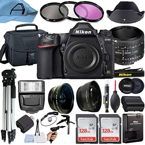 Nikon D780 DSLR Camera 24.5MP CMOS Sensor with AF FX NIKKOR 50mm f/1.8D Lens, 2 Pack SanDisk 128GB Memory Card, Padded Bag, Tripod and A-Cell Accessory Bundle (Black)