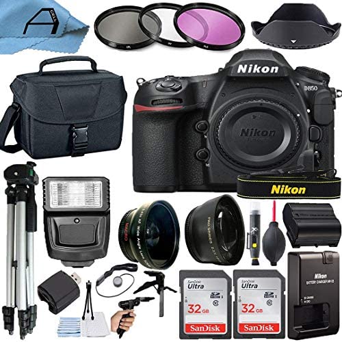 Nikon intl D850 DSLR Camera Body 45.7MP CMOS Sensor with 2 Pack SanDisk 32GB Memory Card, Padded Bag, Tripod and A-Cell Accessory Bundle (Black)