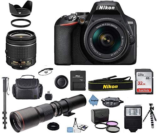 Nikon D3500 24.2MP DSLR Camera + AF-P DX 18-55mm VR NIKKOR Lens + 500mm Preset f/8 Telephoto Lens + Accessory Bundle + Inspire Digital Cloth