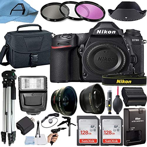 Nikon D780 DSLR Camera Body 24.5MP Sensor with 2 Pack SanDisk 128GB Memory Card, Padded Bag, Tripod and A-Cell Accessory Bundle (Black) Nikon D780 DSLR Camera Body 24.5MP Sensor with 2 Pack SanDisk 128GB Memory Card, Padded Bag, Tripod and A-Cell Accessory Bundle (Black)