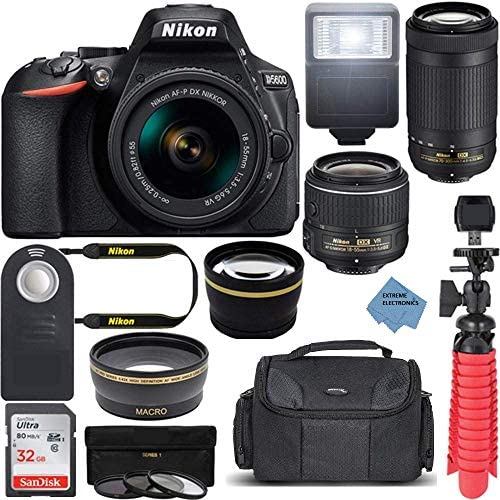 Nikon Intl. D5600 24.2MP DX-Format DSLR Camera with AF-P 18-55mm VR & 70-300mm ED Lens Kit Bundle with Camera Lens, 32GB Memory Card and Accessories (14 Items) wExtreme Ele Cloth nkd5600bundle