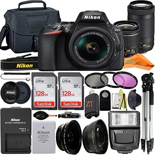 Nikon D5600 DSLR Camera 24.2MP with NIKKOR 18-55mm f/3.5-5.6G VR & 70-300mm Lens, 2 Pack SanDisk 128GB Memory Card, Case, Tripod, Filter Kit and ZeeTech Accessory Bundle (Black)