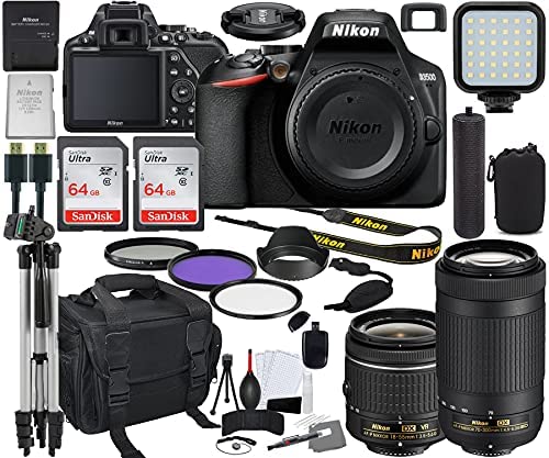 Nikon D3500 DSLR Camera with 18-55mm and 70-300mm Lens Bundle (1588) + Prime Accessory Kit Including 128GB Memory, Light, Camera Case, Hand Grip & More (28 Pieces)