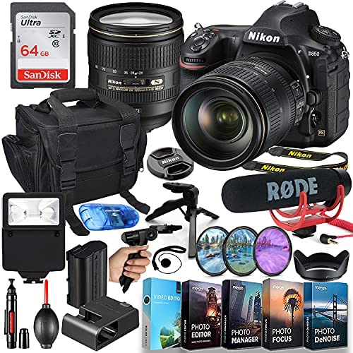 Nikon D850 DSLR Camera MFR#1585 & 24-120mm Lens Video Makers Bundle with Rode Video Mic Go+ 64GB Memory + Flash, Shoulder Bag, Grip Tripod, HD Filters, Video/Photo Editing Software Package & More