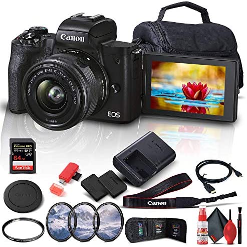 Canon EOS M50 Mark II Mirrorless Digital Camera with 15-45mm Lens (4728C006) + 64GB Extreme Pro Card + Extra LPE12 Battery + Case + UV Filter + Card Reader + Filter Kit + HDMI Cable + More (Renewed)