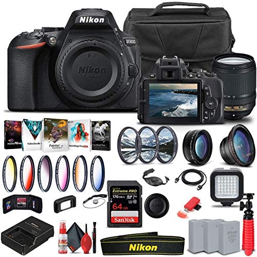 Nikon D5600 DSLR Camera with 18-140mm Lens (1577) + 64GB Memory Card + Case + Corel Photo Software + 2 x EN-EL14 A Battery + Card Reader + LED Light + Filter Kit + Wide Angle Lens + More (Renewed)