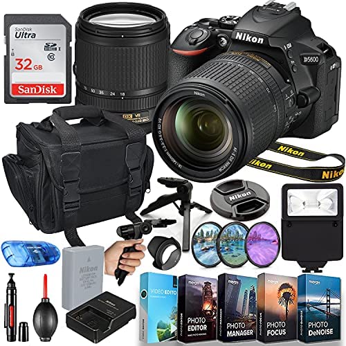 Nikon D5600 DSLR Camera with 18-140mm Lens MFR #1577 + 32GB High Speed Memory + Slave Flash, Padded Shoulder Bag, Hand Grip Tripod, HD Filter, Video/Photo Editing Software Package & More