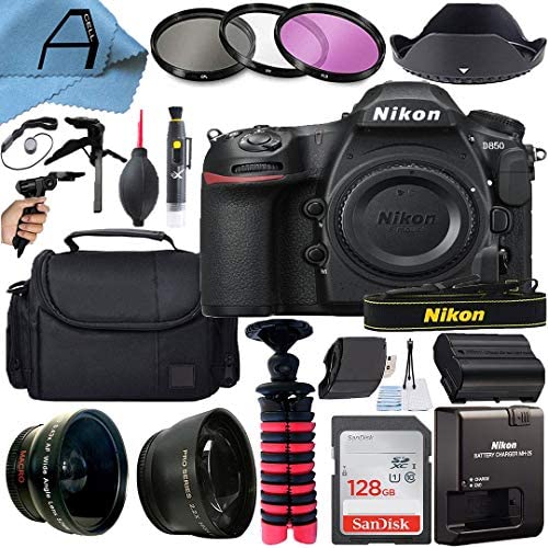 Nikon intl D850 DSLR Camera Body 45.7MP CMOS Sensor with SanDisk 128GB Memory Card, Gadget Bag, Tripod and A-Cell Accessory Bundle (Black)