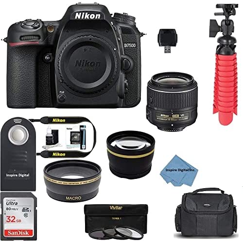 Nikon D7500 DSLR Camera with 18-55mm VR Lens + 64GB Card, Tripod, Flash, 3 Piece Filter Kit, Case, Inspire Digital Clothand More
