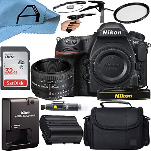 Nikon D850 DSLR Camera Body 45.7MP CMOS Sensor with AF FX NIKKOR 50mm f/1.8D Lens, SanDisk 32GB Memory Card, Case, Tripod and A-Cell Accessory Bundle (Black)