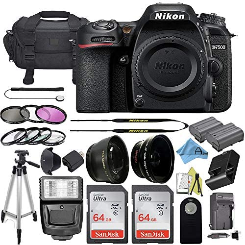 Nikon D7500 20.9MP DSLR Digital Camera Body w/ 3.2 Inch Touchscreen LCD + 2 Pcs SanDisk 64GB Memory Card + Padded Camera Bag + Slave Flash Light + Accessory Bundle (Black)