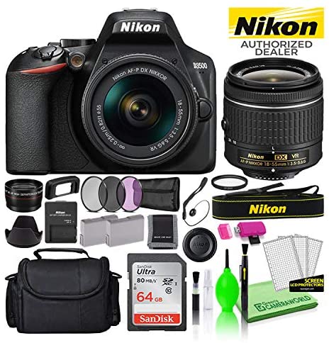 Nikon D3500 24.2MP DSLR Digital Camera with AF-P DX 18-55mm Lens (1590) USA Model Deluxe Bundle -Includes- Sandisk 64GB SD Card + Large Camera Bag + Filter Kit + Spare Battery + Telephoto Lens + More