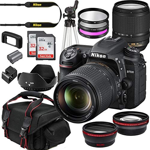 Nikon D7500 DSLR Camera with 18-140mm Lens Kit Import ||20.9MP DX-Fortmat|| + Deluxe Starter Bundle Including 2 32GB Sandisk SD Memory Cards, Wide Angle and Telephoto Lens, Gadget Bag Plus More