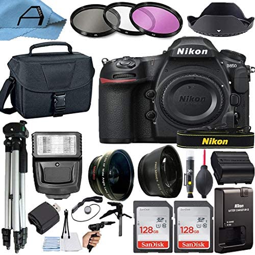 Nikon D850 DSLR Camera Body 45.7MP CMOS Sensor with 2 Pack SanDisk 128GB Memory Card, Padded Bag, Tripod and A-Cell Accessory Bundle (Black)