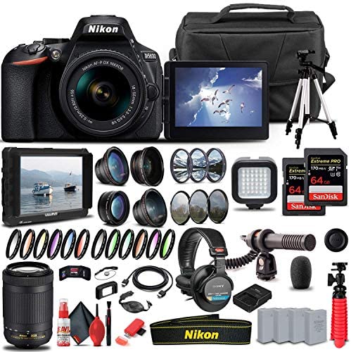 Nikon D5600 DSLR Camera with 18-55mm Lens (1576) + Nikon 70-300mm Lens + 4K Monitor + Pro Headphones + Pro Mic + 2 x 64GB Card + Case + Corel Software + Tripod + More (International Model) (Renewed)