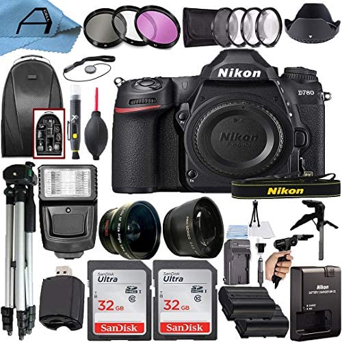 Nikon intl D780 DSLR Camera Body 24.5MP Sensor with 2 Pack SanDisk 32GB Memory Card, Backpack, Full Size Tripod & A-Cell Accessory Bundle (Black)