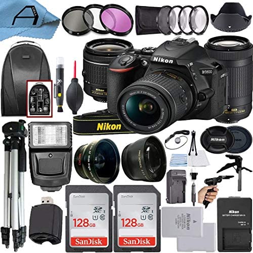Nikon D5600 DSLR Camera 24.2MP Sensor with NIKKOR 18-55mm VR and 70-300mm Dual Lens, 2 Pack SanDisk 128GB Memory Card, Backpack, Tripod, Slave Flash Light and A-Cell Accessory Bundle (Black)