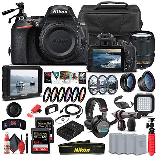 Nikon D5600 DSLR Camera with 18-140mm Lens (1577) + 4K Monitor + Pro Headphones + Pro Mic + 2 x 64GB Memory Card + Case + Corel Photo Software + Pro Tripod + 3 x EN-EL14 A Battery + More (Renewed)