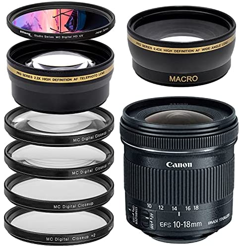 Canon EF-S 10-18mm f/4.5-5.6 is STM Lens Filter Bundle – Includes: Professional Telephoto Lens Attachment + 0.43X Wide Angle Lens Attachment + 4PC Macro Lens Filter Set + Digital HD UV Filter &More Canon EF-S 10-18mm f/4.5-5.6 is STM Lens Filter Bundle - Includes: Professional Telephoto Lens Attachment + 0.43X Wide Angle Lens Attachment + 4PC Macro Lens Filter Set + Digital HD UV Filter &More