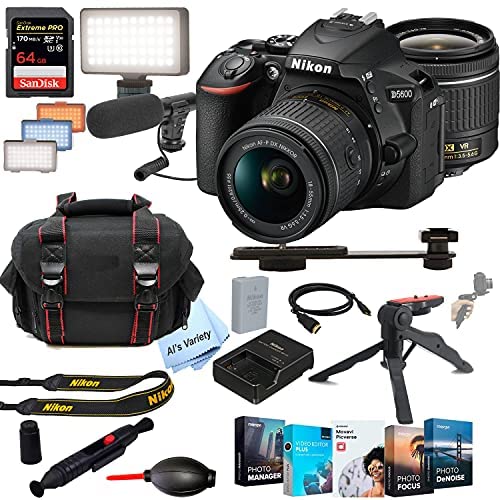 Al's Variety- Nikon Intl. D5600 DSLR Camera Kit with 18-55mm VR Lens,Built-in Wi-Fi,24.2 MP +Shot-Gun Microphone LED Always on Light+ 64GB Extreme Speed Card, Gripod, Case(26pc Video Bundle)
