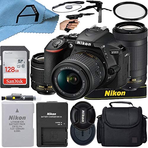 Nikon D5600 DSLR Camera 24.2MP Sensor with NIKKOR 18-55mm VR and 70-300mm Dual Lens, SanDisk 128GB Memory Card, Case, Tripod and A-Cell Accessory Bundle (Black)