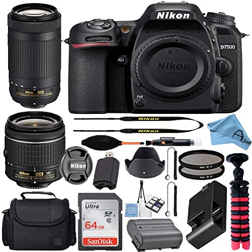 Nikon D7500 20.9MP DSLR Digital Camera w/AF-P DX NIKKOR 18-55mm f/3.5-5.6G VR & AF-P DX 70-300mm f/4.5-6.3G ED Lens + SanDisk 64GB Memory Card + Camera Bag + Accessory Bundle (Black)