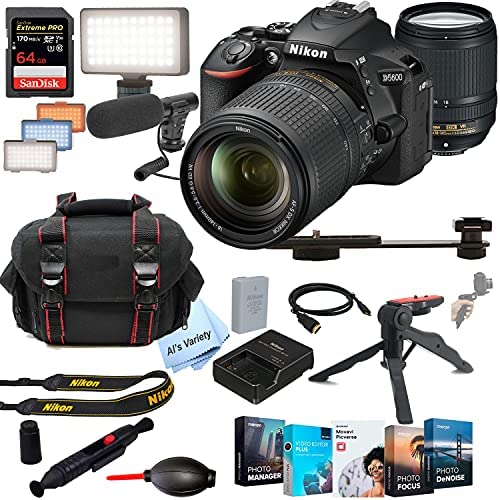 Al's Variety- Nikon D5600 DSLR Camera Kit with 18-140mm VR Lens | Built-in Wi-Fi|24.2 MP + Shot-Gun Microphone LED Always on Light+ 64GB Extreme Speed Card, Gripod, Case, and More (26pc Video Bundle)