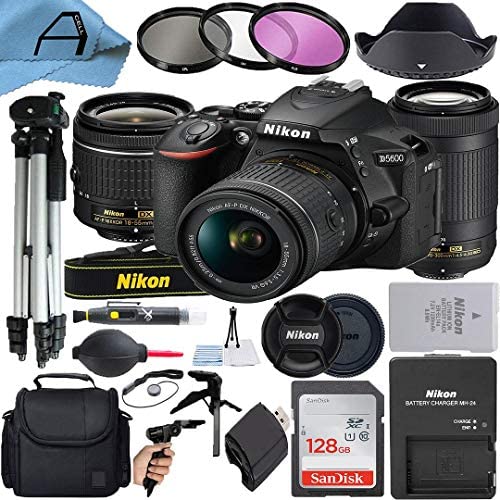 Nikon D5600 DSLR Camera 24.2MP Sensor with NIKKOR 18-55mm VR and 70-300mm Dual Lens, SanDisk 128GB Memory Card, Case, Tripod, Filters and A-Cell Accessory Bundle (Black)