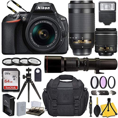 Nikon D5600 DSLR Camera with AF-P DX NIKKOR 18-55mm f/3.5-5.6G VR + AF-P DX NIKKOR 70-300mm f/4.5-6.3G ED + 500mm Preset Lens and Basic Travel Kit