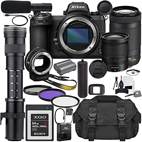 Nikon Intl. Nikon Z7II Mirrorless Digital Camera with 24 70mm Lens 1656 and AF P 70 300mm 420 800mm MF Zoom Telephoto Prime Accessory Kit 64GB XQD Memory Hand Grip and More Z7 II Z7 II